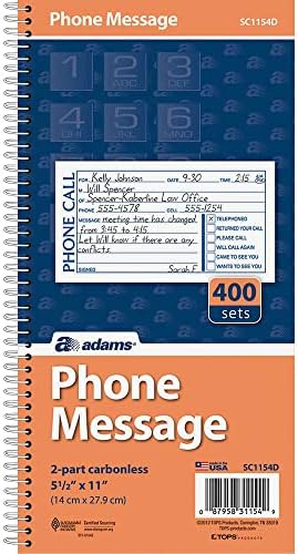Adams Phone Message Book, Carbonless Duplicate, 5.50 x 11 Inches, 4 Sets per Page, 400 Sets per Book (SC1154D)