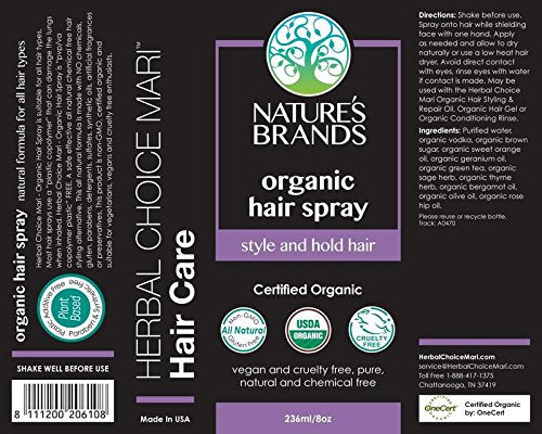 Hair Spray 8 Oz Bottle – USDA Organic Certified, Paraben-Free, Cruelty-Free and Vegan - With Natural Botanical Extracts - For All Hair Types by Nature's Brands is Made In USA.
