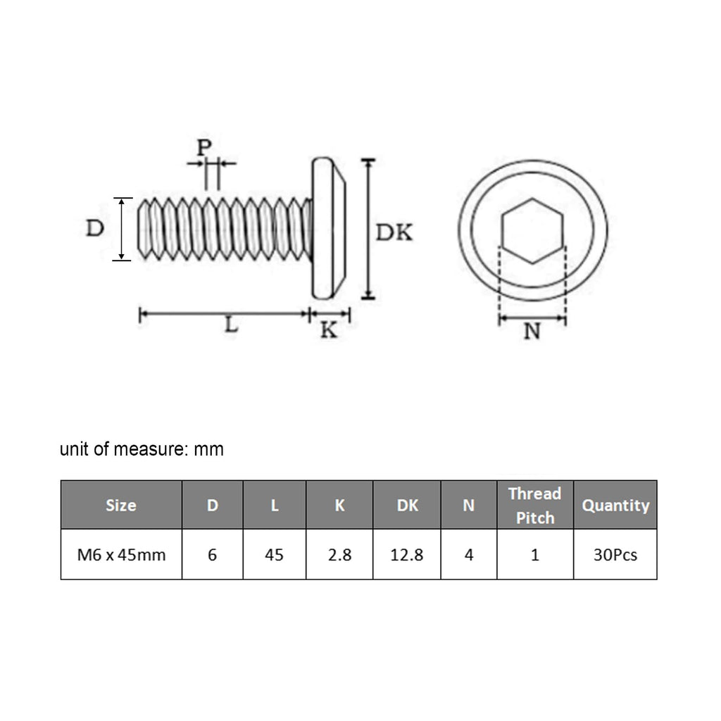 VGBUY M6-1 x 45 mm 30pcs Flat Head Hex Socket Cap Screws Metric M6 Bolts, 304 Stainless Steel 18-8, Black Zinc Plated, Full Thread, with Hex Spanner