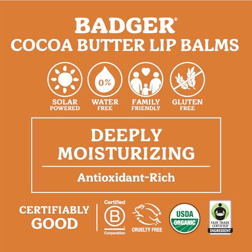 Badger - Cocoa Butter Lip Balm, Sweet Orange, Certified Organic Lip Balm, Fair Trade, Lip Butter, Lip Balm Cocoa Butter, Cocoa Care Lip Balm, 0.25 oz (4 Pack)