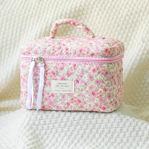 Makeup Bag Large Travel Quilted Cosmetic Makeup Bag Organizer, Floral Cotton Coquette Aesthetic Toiletry Bag for Women Girls (Pink Floral-L)