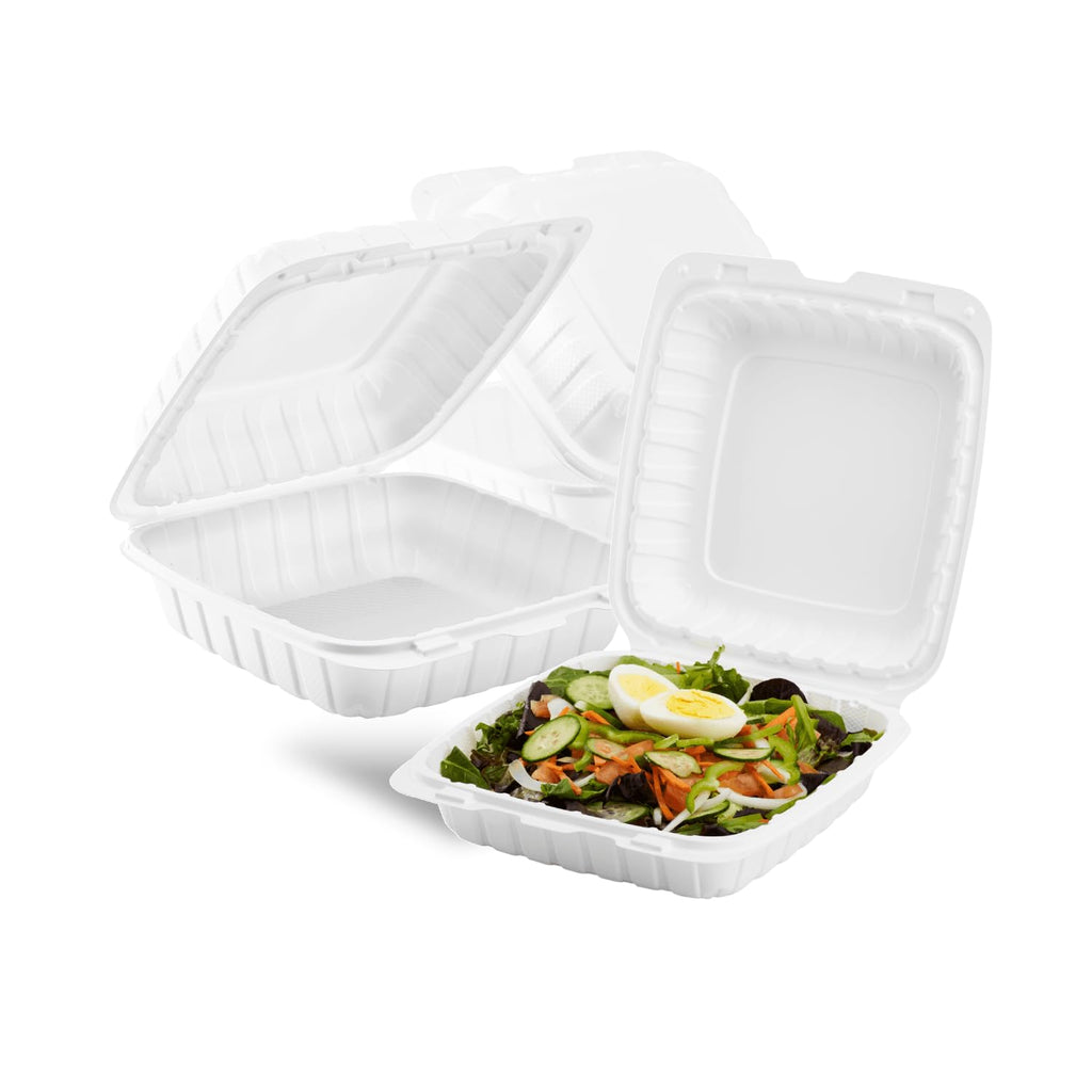 KARAT EARTH Clamshell Take Out Food Containers [8"x8" - 200 ct] To Go Containers | Microwavable, Freezer Safe, Soak-Resistant, Durable, Stackable | Vented for Hot/Cold Foods, White