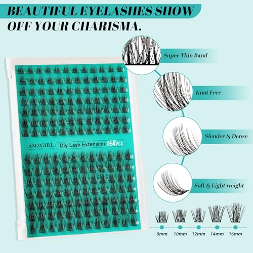 Lash Extension Kit,DIY Eyelash Clusters Kit 168Pcs with Lash Bond and Seal Glue Waterproof,Eyelashes Remover for Lash Cluster Extensions Kit for Beginner,Lashes Applicator Tool(Medusa,D-Mix8-16mm Kit)