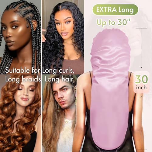 BONNET QUEEN Braid Bonnet Silk Bonnet Foldable Extra Long Bonnet for Braids Satin Bonnet for Sleeping Hair Bonnet with Tie Band Long Sleep Cap Light Rose Gold