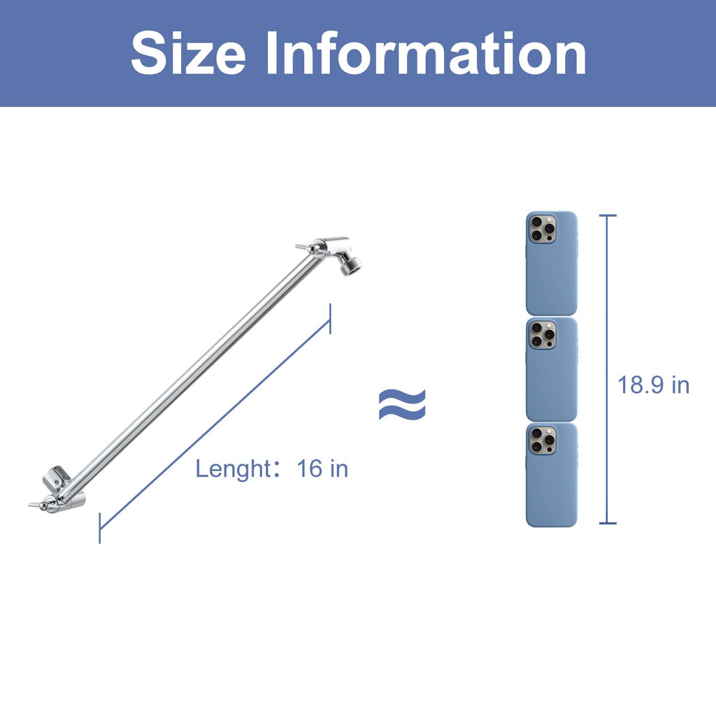 OFFO Shower Head Extension Arm, 16 in Shower Extension Arm with Locking Nut, Adjustable Shower Arm Extender, G1/2 Connector for Fixed Shower Head & Handheld Showerhead, Chrome