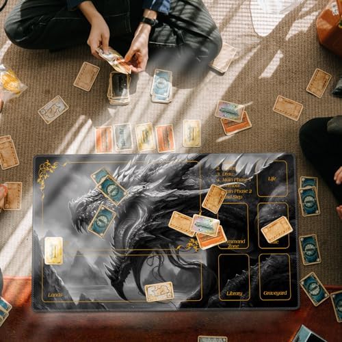 DEGDFSGR for MTG Playmat with Zones 24 x 14 inches for TCG Playmats Non-Slip Rubber Base Commander Play Mat for Lorcana Trading Card Game, Cool Dark Dragon