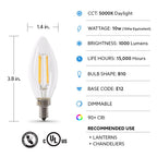 Feit Electric LED Candelabra Light Bulb, 100W Equivalent, Dimmable, E12 Base, 5000K Daylight, B10 Filament Torpedo Tip Decorative Lighting Bulbs, 13-Year Lifetime, BPCTC100950CAFIL/2/6, 12 Pack