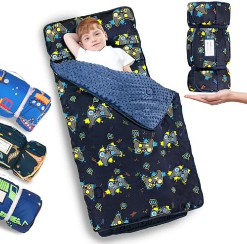 Primlect Thickened Toddler Nap Mat with Removable Pillow and Minky Blanket, Extra Large 55''x35'' Sleeping Bag, Washable, Roll up, Perfect for Daycare, Preschool, Kindergarten, Boys and Girls