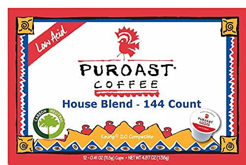 Puroast Low Acid Coffee| House Blend Single Serve Pods | Medium Roast | High Antioxidants & High pH |No Bitter Aftertaste | Reduced Heartburn & GERD Friendly | 144Count - Compatible with Keurig Brewer