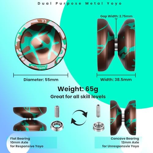 MAGICYOYO V3 Responsive Yoyo Professional Dual Purpose Metal Yoyo for Kids Beginners & Adults, Includes Replacement Bearing, 12 Strings, Removal Tool, Axle, & Case (Brown Green)