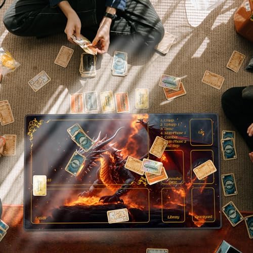 DEGDFSGR MTG Playmat with Zones 27.5" x 15.74" inches, Non-Slip Rubber Base, Commander Playmat for Magic The Gathering, The Fire Dragon On The Rock
