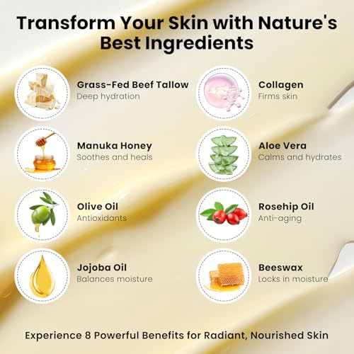 Whipped Beef Tallow Balm for Skin, 5 oz - 8-in-1 Organic Multi-Use Natural Moisturizer for Face, Body, Lips - Hydrates Dry & Cracked Skin with Grass-Fed Ingredients, Collagen, Manuka Honey (Unscented)