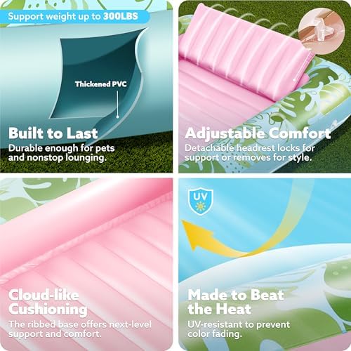 SLOOSH Inflatable Tanning Pool Lounger Float, 70" x 46" Pool Floats Adult with Pillow, 4 in 1 Suntan Tub Raft Floatie,Sunbathing Bed Lounge for Water Blow Up Kids Ball Pit Party Gifts, L-Cyan Pink