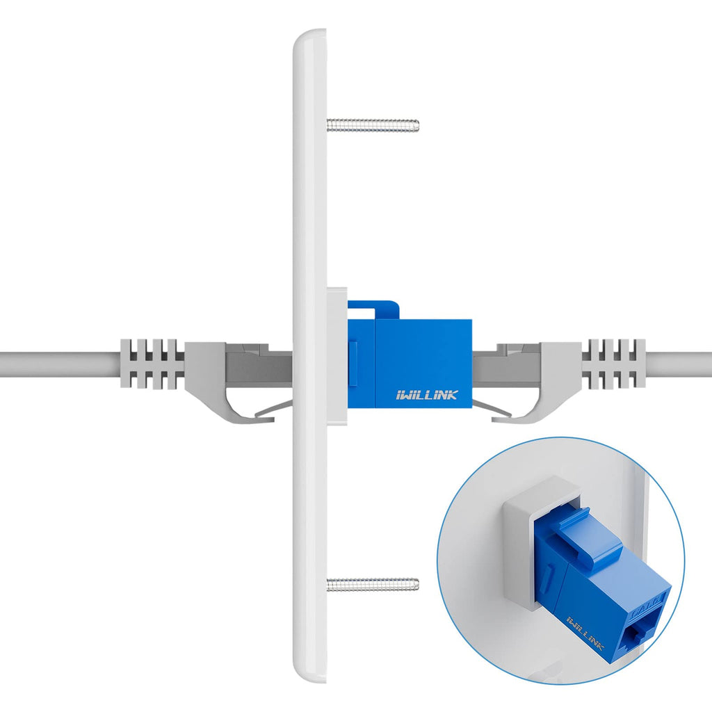 iwillink (10-Pack) Ethernet Wall Plate, 1-Port Keystone Jack Wall Plate with RJ45 Keystone Inline Coupler insert, Female to Female Cat6 Wall Plate, Blue