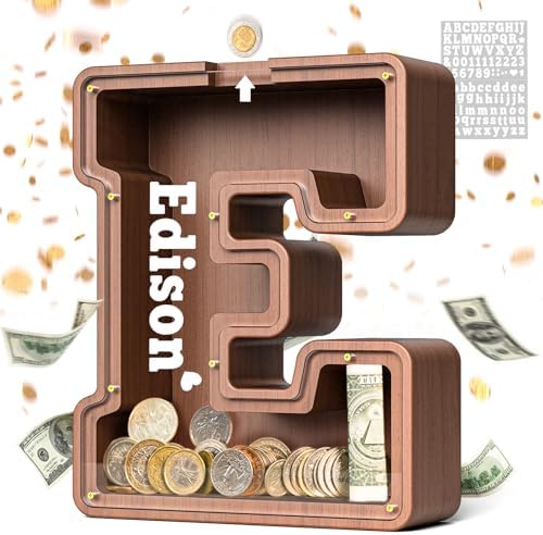 Summidate Wooden Letter Piggy Bank, Extra Thick Large Capacity Piggy Bank for Kids Boys Girls Toddler, Alphabet E Money Bank| Coin Box Birthday, Christmas, Festival