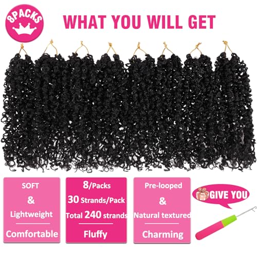 Unionbeauty 8 Packs Pre-looped Yanky Twist Crochet Braids Hair 8 Inch 30 Strands/PCS Natural Black Pre-twisted Passion Twist Boho Crochet Braid Hair with Curly Crochet Hair Senegalese Twist Braids 1B#