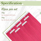 RUNATURE Seamless Tape in Hair Extensions Human Hair 22 Inch 25g 10pcs Hot Pink Hair Extensions Tape Ins Skin Weft Invisible Tape in Real Hair Extensions for Women Full Ends Natural Remy Hair