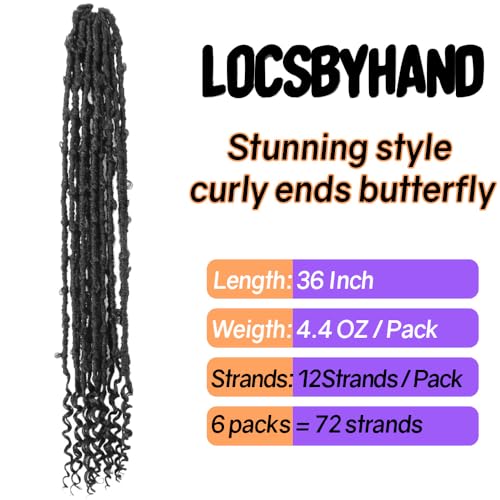 Crochet Butterfly Locs with Curly Ends 36 Inch, Boho Distressed Butterfly Locs Crochet Hair, Black Bohemian Goddess Faux Butterfly Braids with Curly Ends (6 Packs, 1#)