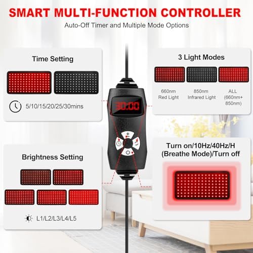 Red Light Therapy for Body, 24" x 12" Large Infrared Red Light Therapy Belt Pad with Timer for Back Belly Shoulder Muscle Pain Relief, 32W Portable 660nm 850nm Home Heating Light Therapy
