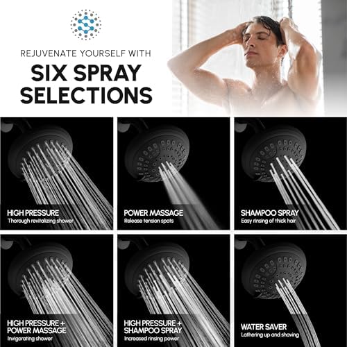 Luxury Spa Series, 6 Spray Setting, 4.5 Inch Adjustable High Pressure Shower Head Fixture for Hard Water, 360-Degree Tilt Massage Shower System - Matte Black