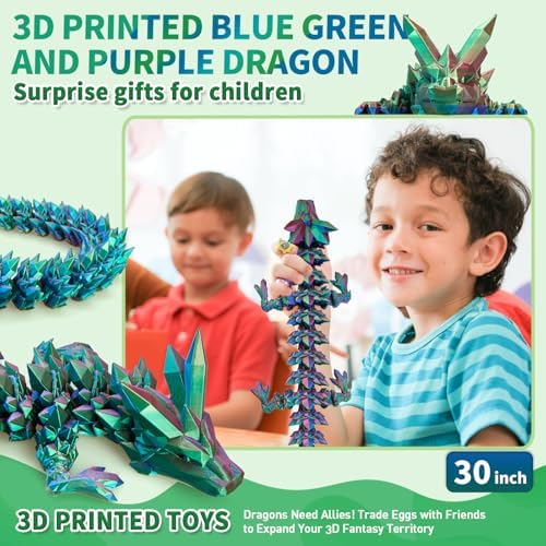 Large 3D Printed Dragon,30 Inch 3D Dragon Toys,Bigger Fidget Crystal Animals Toys, 3D Printed Articulated Animals for Home Office Car Desk Decor(Blue Green Purple)
