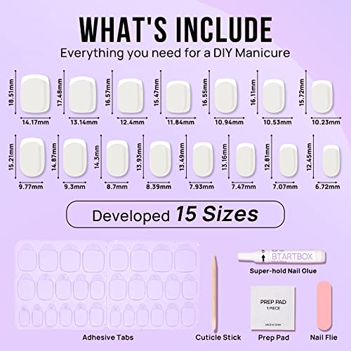 BTArtbox French Tip Press On Nails - Short Press on Nails Square, Glue On Nails for Women Gift, Supremely Fit Natural Stick On Nails in 15 Sizes - 30 Fake Nails Kit, Classic French