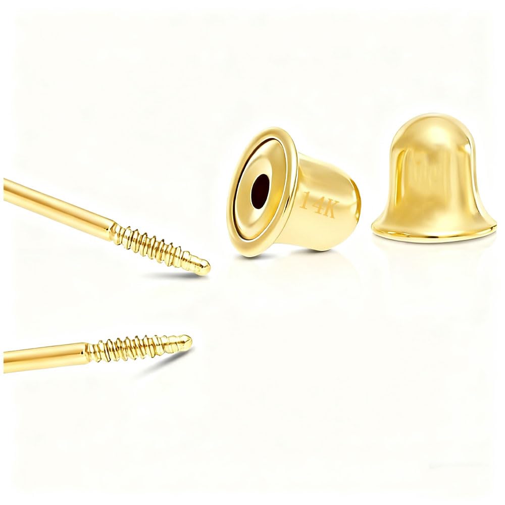 14K Gold Cubic Zirconia Stud Earrings,Secure Screw Back（Yellow Gold, 5mm）