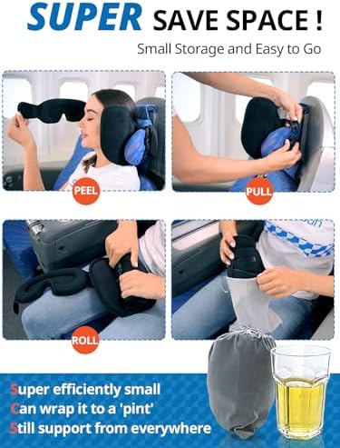 Upgraded Travel Pillow, U-Shaped Airplane Head Strap for All Heights, 360° Support, 3D Sleep Mask, 100% Light Blocking, Long Flights Essentials Headrest, Stop Bobblehead, Red