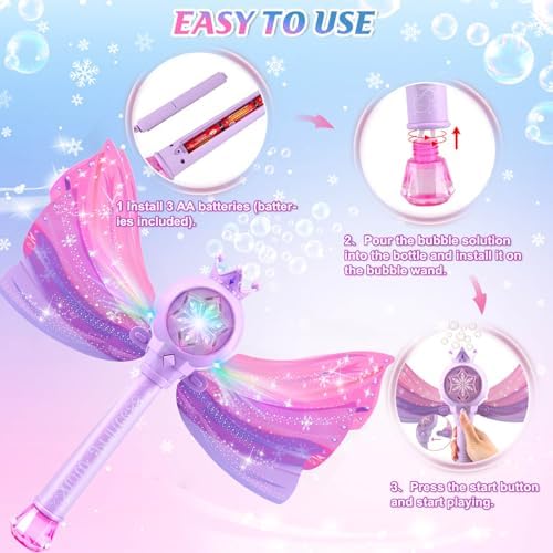 Bubble Wands for Kids Girls - LED Light & Music Bubble Machine: 3 AA Batteries & 2 Bubble Solutions, Outdoor Party Birthday Toys for Toddlers, Gift for 3 4 5 6 7 8 Year Old Girls, Purple