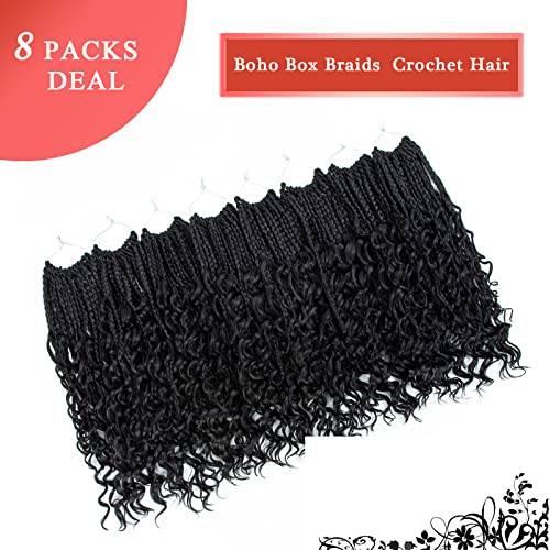 Liang Dian 8 Packs Box Braids Crochet Hair with Curly Ends 24 Inch Boho Crochet Hair Box Braids Goddess Braids Pre looped Crochet Hair for Black Women (24 Inch 1B)