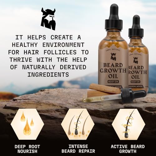 Striking Viking Beard Growth Oil with Biotin - 2 Fl Oz, 2 Pack, Sandalwood - Thickening & Conditioning Biotin Beard Growth Serum for Men with Argan & Jojoba Oil - Facial Hair Serum for Men