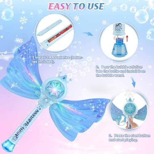 Bubble Wands for Kids Girls - LED Light & Music Bubble Machine: 3 AA Batteries & 2 Bubble Solutions, Outdoor Party Birthday Toys for Toddlers, Gift for 3 4 5 6 7 8 Year Old Girls, Blue