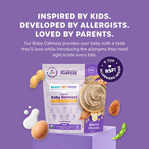 Ready, Set, Food! Organic Baby Oatmeal Cereal | Peanut Butter Banana - 1 Pack | Organic Baby Food with 9 Top Allergens: Peanut, Egg, Milk, Cashew, Almond, Walnut, Sesame, Soy & Wheat | Unsweetened | Fortified with Iron - 15 servings