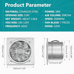 HG Power 6 Inch Exhaust Fan: Kitchen Exhaust Fans with Power Cord Attic vent Fan with Damper Wall Small Fume Extractor Ventilation Fan for Shop Chicken Coop Basement Smoking Room Garage Silver