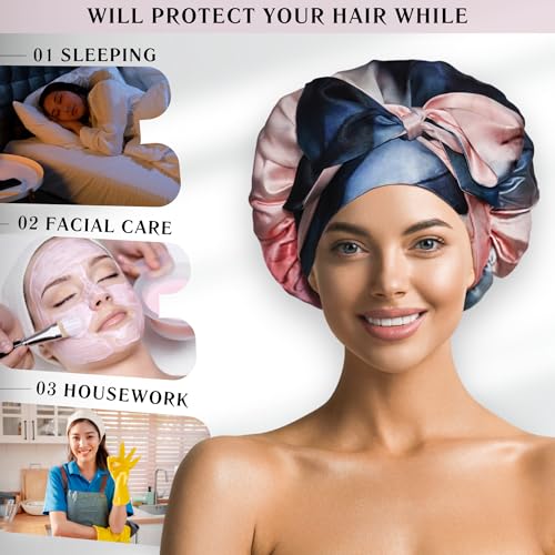 100% Mulberry Silk Bonnet for Sleeping with Ties – Adjustable 19 Momme Double-Layer Reversible Hair Wrap – Stay-On Sleep Bonnet for Women, Long Curly Hair, Natural Hair Care, Real Silk Night Cap – Handmade in USA (Blue and Blush)
