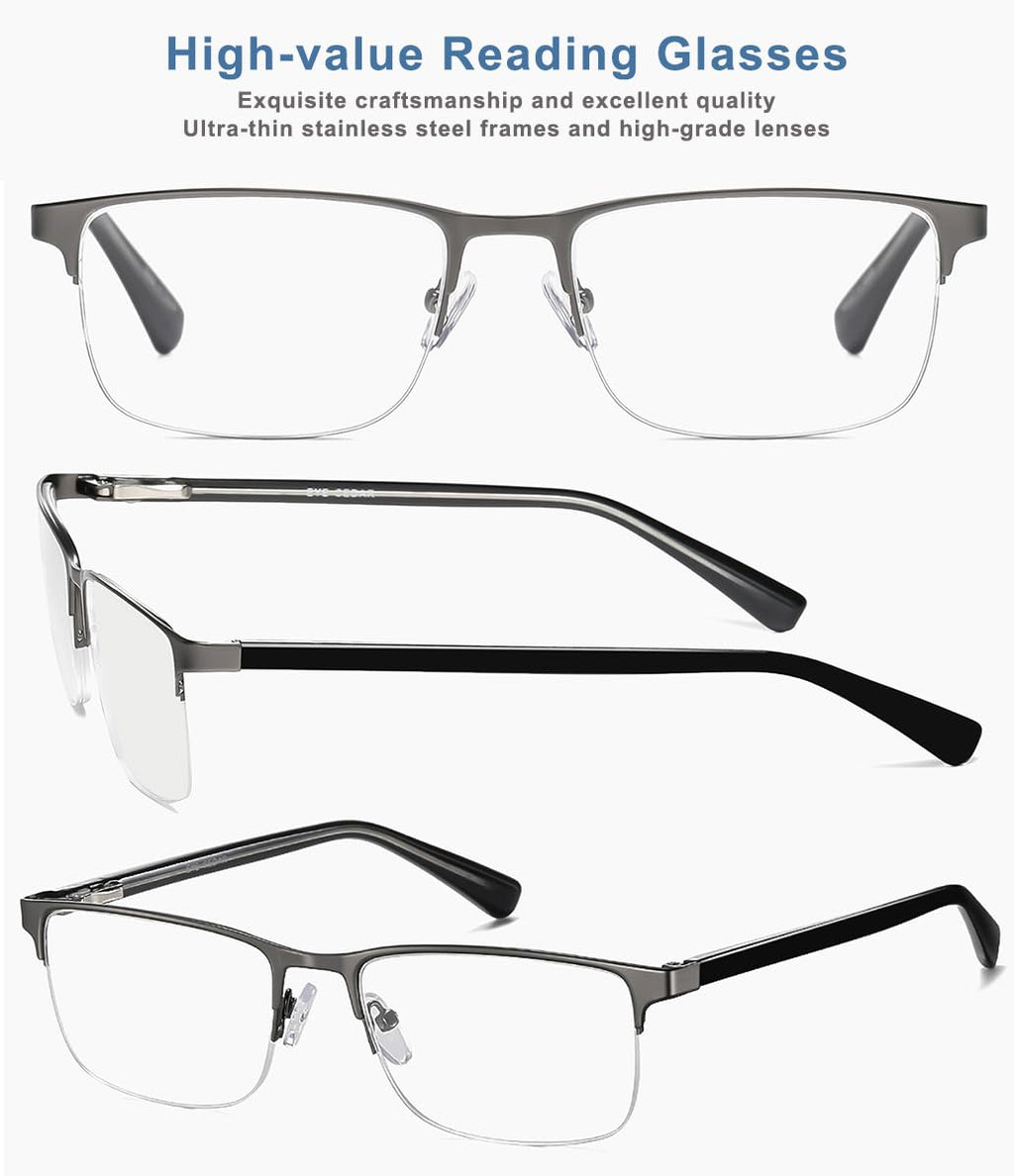 EYECEDAR 5 Pack Reading Glasses for Men Gunmetal Ultra-Thin Stainless Steel Frame Metal Spring Hinges Readers for Men and Women 1.75