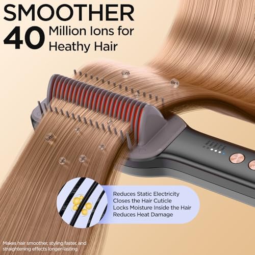 Hair Straightener Brush, Negative Ion Flat Iron & Straightening Comb 2 in 1 with Convenient Comb, Fast Heating, Anti-Scalding, 30s Fast Heating, 5 Temp Settings 284℉ - 392℉ (Gunmetal Gray)