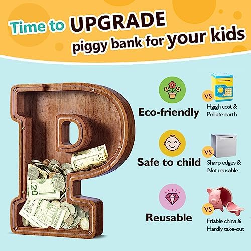 Summidate Customized Name Extra Large Wooden Piggy Bank for Kids Boys Girls Alphabets Letter A-Z Coins Bills Money Change Saving Box Clear Cover (Laser Engraved) Educational Toys 12"- Letter P