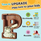 Summidate Customized Name Extra Large Wooden Piggy Bank for Kids Boys Girls Alphabets Letter A-Z Coins Bills Money Change Saving Box Clear Cover (Laser Engraved) Educational Toys 12"- Letter P