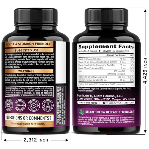 Iron Supplement for Women - Iron 65mg (Ferrous Sulfate 325mg) - Stomach Friendly | Slow Release Iron | High Absorption - Vitamins C, D3, B6, B12 & Folate - Iron Level & Energy Support - 120 Capsules