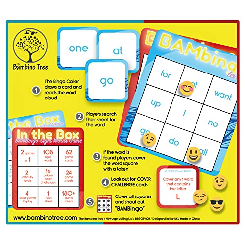 THE BAMBINO TREE Sight Word Bingo Game Level 1 and 2 - Educational Games for Kids - Learn to Read Vocabulary for Kindergarten 1st Grade - Dolch's Fry's Words Lists