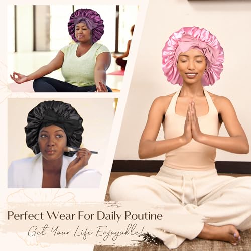 Yanibest Satin Bonnet Silk Bonnet for Sleeping Double Layer Ajustable Satin bonnet for Women Men for Curly Natural Hair with Tie Band