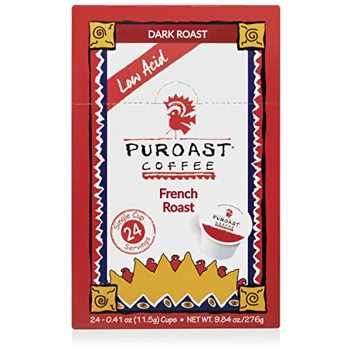 Puroast Low Acid Coffee Single-Serve Pods, French Roast, Certified Low Acid Coffee - pH above 5.5, Dark Roast, Original, (24 Count)- Gut Health, Higher Antioxidant, Roasted with Clean Energy - Compatible with Keurig 2.0 Coffee Makers
