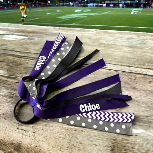 Sports Name Ponytail Bows, Customizable Cheer Streamer, Red Black White, Track Cross Country and Volleyball Hair Ties with School Name