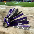 Sports Name Ponytail Bows, Customizable Cheer Streamer, Red Black White, Track Cross Country and Volleyball Hair Ties with School Name
