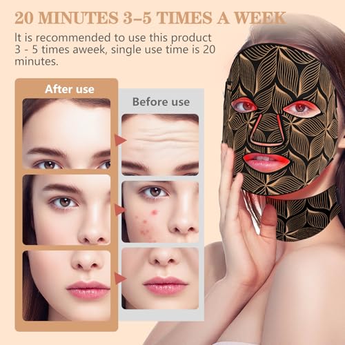 Led Face Mask Light Therapy,Red Light Therapy for Face and Neck,7 Colors LED Facial Skin Care Mask,5 Level Brightness Adjustment,309 LED Beads Can Be Used at Home,Black Gold
