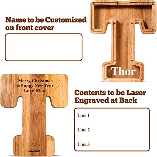 Summidate Customized Name Large Wooden Piggy Bank for Kids Boys Girls Alphabets Letter A-Z Coins Bills Money Change Bank Box Initial on Clear Cover (Laser Engraved) (Alphabet-T, Personalized-9")