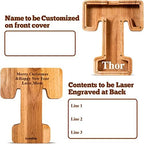 Summidate Customized Name Large Wooden Piggy Bank for Kids Boys Girls Alphabets Letter A-Z Coins Bills Money Change Bank Box Initial on Clear Cover (Laser Engraved) (Alphabet-T, Personalized-9")