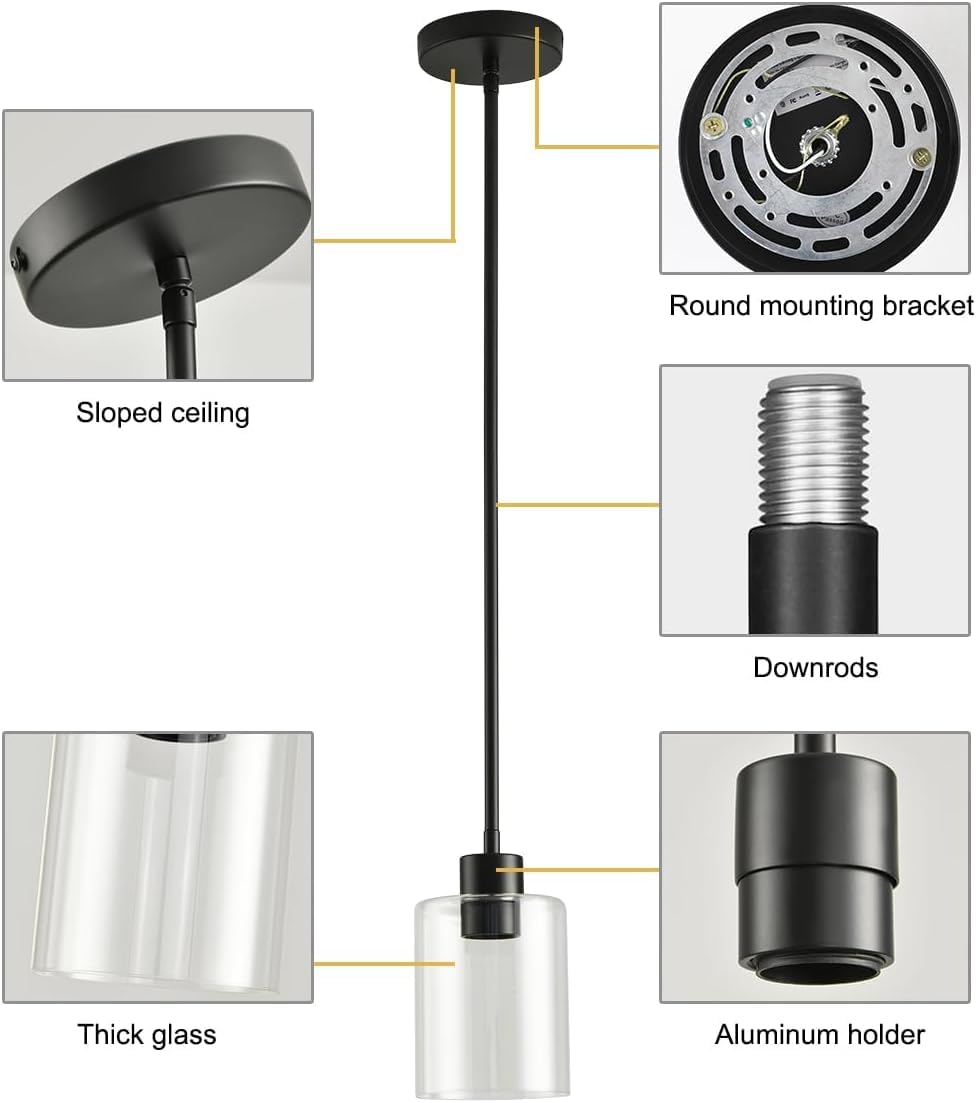 KLSS Black Pendant Lights Kitchen Island,Modern Farmhouse Glass Pendant Light,Light Fixture Kitchen Pendant Mini Hanging Light Fixture for Sink (1 Pack Black stem Rod)