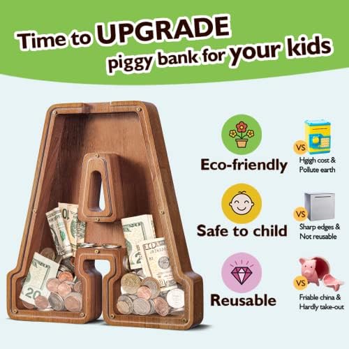 Summidate Customized Name Extra Large Wooden Piggy Bank for Kids Boys Girls Alphabets Letter A-Z Coins Bills Money Change Saving Box (Laser Engraved) Educational Toys 12"- Letter A